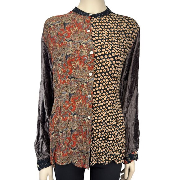 FRENCH CONNECTION Boho Patchwork Multicolor Floral Dot Button-Up Shirt Blouse L - Picture 3 of 11